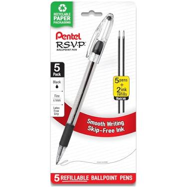 Imagem de Pentel Rsvp Canetas de tinta preta de ponta fina - 0,7 mm - Canetas esferográficas - Pacote com 5 canetas com 2 refis