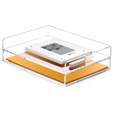Imagem de Bandeja organizadora de papel empilhável de acrílico de 2 camadas para mesa, classificador de papel de arquivo horizontal transparente, armazenamento de acessórios de escritório para pastas tamanho