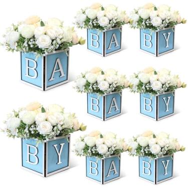 Imagem de Acmee Conjunto de 8 peças centrais de chá de bebê para mesas – caixas de madeira de 15 cm com letras de bebê, cubos rústicos, blocos de madeira para meninos e meninas revelar lembrancinha de festa