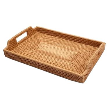 Imagem de Bandeja grande de vime, bandejas retangulares de vime YACEYACE com alças grandes, bandeja de servir grande para casa, festa, otomano, mesa de centro, 43 cm A x 29 cm C x 5 cm L