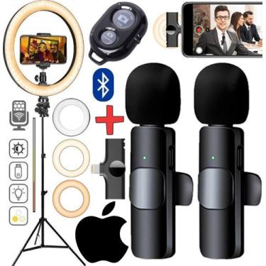 Imagem de Kit Youtuber Tripé + Microfone de Lapela Duplo Sem Fio Para iPhone Gra
