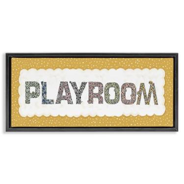 Imagem de Stupell Industries Arte de parede em tela flutuante emoldurada preta para sala de jogos com borda amarela, design de Jennifer Stith, 28 x 63 cm