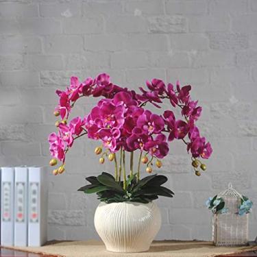 Imagem de DCYEQRQ Flor artificial em vaso Phalaenopsis flores falsas orquídeas de seda com vaso branco mesa de jantar centro de mesa de jantar decoração de festival de casamento planta artificial flor Arra