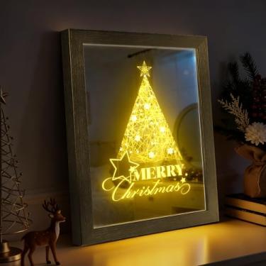 Imagem de VIYYIEA Decoração de Natal + espelho + luz LED, design versátil 3 em 1, arte de parede de árvore de Natal em linha, espelho decorativo com alimentação USB, decoração de parede iluminada moderna para