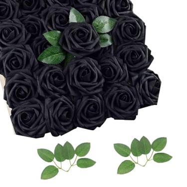 Imagem de cosybeau Flores artificiais rosas falsas, planta falsa com hastes para buquês de casamento, decoração de mesa de festa (25, preto)