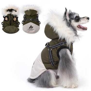 Imagem de PINA Casaco de inverno para cães pequenos, médios e grandes, jaqueta de inverno impermeável para cães com arnês embutido, casaco de clima frio para filhotes com capuz de pelúcia, roupa de neve quente
