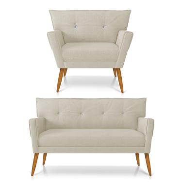 Imagem de Kit 01 Namoradeira 02 Lugares e 01 Poltrona Anitta com Strass Linho Bege A19 Pés Palito Castanho - D'Rossi