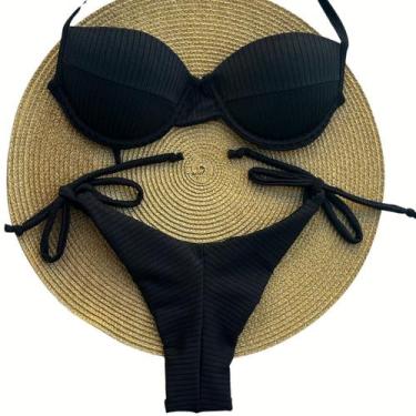 Imagem de Biquini Meia Taça Retro Vintage Aro Bojo Canelado Fio Duplo Amarração 