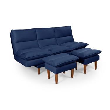Imagem de Sofá-Cama com Banquetas Vancouver 3 Lugares até 5 Posições Ajustáveis Chaise Tecido em Suede Azul Marinho