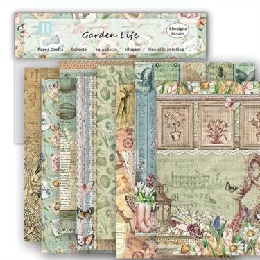 Imagem de Garden Life Bloco de papel para scrapbook com padrão sortido de decoupage, papel de cartolina vintage de um lado, faça você mesmo, suprimentos decorativos para cartões, 8 peças de papel de artesanato