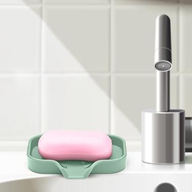 Imagem de Conjunto de saboneteira de silicone com design de drenagem, suporte antiderrapante para banheiro, cozinha e organização doméstica (verde claro, 12,5 x 10 x 1,7 cm)