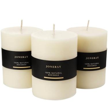 Imagem de JONERAY Velas de pilar de cera de abelha, pacote com 3, velas de cera de abelha pura natural - sem cheiro, tempo de queima de 40 horas, derramadas à mão (marfim)