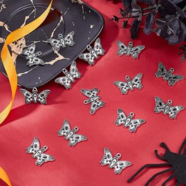 Imagem de 1 caixa com 20 pingentes de mariposa estilo gótico, berloques de caveira de Halloween borboleta esqueleto esmaltado preto branco caixão cruz pingentes de insetos para fazer joias, colar e brincos