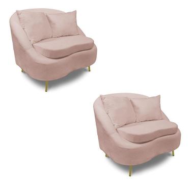 Imagem de Poltrona Decorativa Orgânica Pé Ferro Dou Kit 2 Zaya Bouclê Rosê C05 - D'rossi