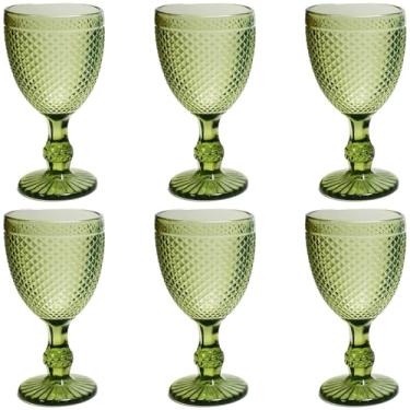 Imagem de Taganov Conjunto de copos verdes com 6 copos vintage, copos de vinho coloridos, taças de água de 10 onças para festa de casamento, bar, natal, copo de haste bonita, taças texturizadas