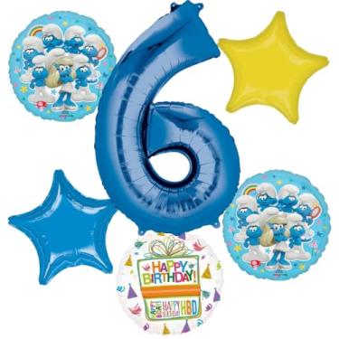 Imagem de Anagram 6th Birthday Party Supplies Boy Smurf's Theme Balloon Bouquet Decorations