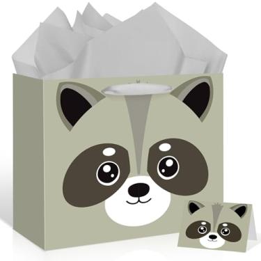 Imagem de Bolsa de presente de guaxinim para crianças, meninos, meninas, chá de bebê, guaxinim, presente de aniversário com cartão de papel de embrulho, grande, fofo, engraçado, bolsa de presente de animal para