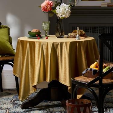 Imagem de OMMATO Toalha de mesa quadrada de veludo dourado outono toalha de mesa rústica francesa casa de fazenda vintage retrô toalha de mesa lavável para festa de Natal, casamento, cozinha, jantar, decoração