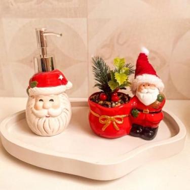 Imagem de Porta Sabonete Líquido Natal Papai Noel Cerâmica - Dispenser Decorativo para Banheiro 200ml(SABONETEIRA + CACHEPOT PAPAI N)