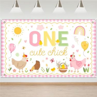 Imagem de One Cute Chick Banner de aniversário com tema de galinha de 1º aniversário, decoração de pintinho com tema de celeiro de animais de fazenda, 1º aniversário