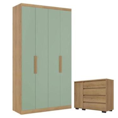 Imagem de Guarda Roupa Solteiro Milan 4 Portas Capuccino Menta e Cômoda com Port