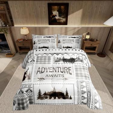 Imagem de Feelyou Conjunto de edredom de cabana retrô, tamanho Queen, rústico, urso, veado, chalé, para crianças, meninos, meninas, xadrez, madeira, xadrez, caça, vida selvagem, casa de fazenda, campo, 3 peças
