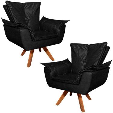 Imagem de Kit 2 Poltronas Decorativas Base Giratória Em Madeira Charger Pu Preto G19 - Gran Belo