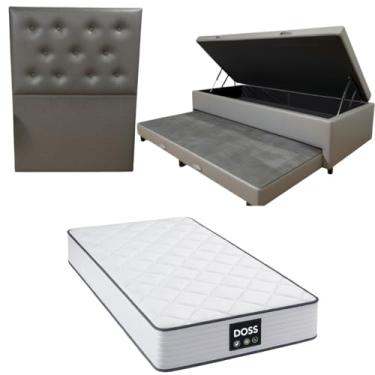 Imagem de Cama Box Baú Solteiro com Auxiliar (Bicama) + Colchão Doss Molas Ensacadas 30cm | Kit Completo com Cabeceira Botonê Opcional | Diversas Cores (3, CORINO CINZA, COM CABECEIRA)