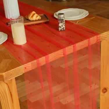Imagem de Psasrm Conjunto de 1 corredor de mesa de pérola de 3 m, 73 x 300 cm vermelho toalha de mesa de tule transparente pérola, caminho de mesa para festa de casamento, chá de bebê, aniversário, decoração de
