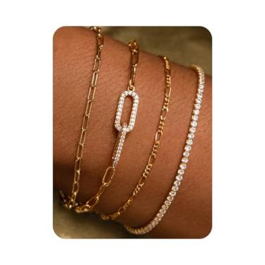 Imagem de MSCHA HOME Pulseira de ouro para mulheres empilhar corrente moderna não manchada banhado a ouro 14K simples joias de casamento delicadas presente de dama de honra, One Size, Latão Metal Ouro amarelo