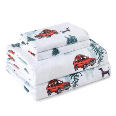 Imagem de LONAVA Jogo de cama de flanela 100% algodão orgânico, 4 peças, quente e aconchegante, aveludado, macio, pesado - flanela escovada dupla, lençóis de cama com bolso profundo de 41 cm, (casal, carro