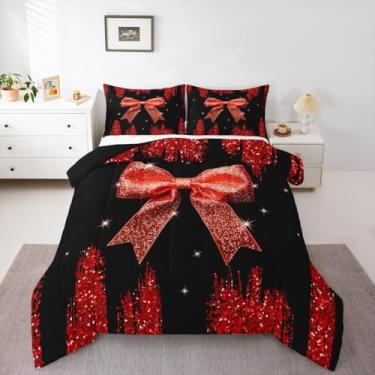 Imagem de Erosebridal Conjunto de edredom fofo com laço e nó de fita, céu estrelado cintilante, para meninas, conjunto de cama com laço vermelho e lantejoulas, princesa sonhadora, edredom kawaii, decoração de