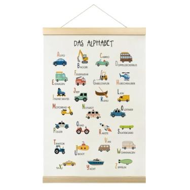 Imagem de Quadro de cabide de pôster de alfabeto de transporte, impressão de arte de parede em tela colorida, imagem de carro de construção de desenho animado, decoração de arte de parede para quarto de meninos