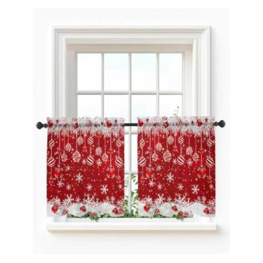 Imagem de Cortinas transparentes de Natal com 91 cm de comprimento, cortinas de janela de café com bola de Natal vermelha, floco de neve, brilhante, para varão, vanlance, Natal, inverno, curto, banheiro, janela