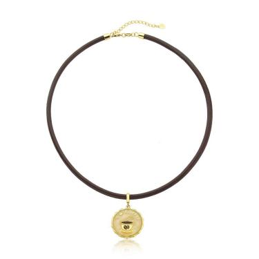 Imagem de Colar Vl De Couro Medalha I Love Coffee Revestido Em Ouro