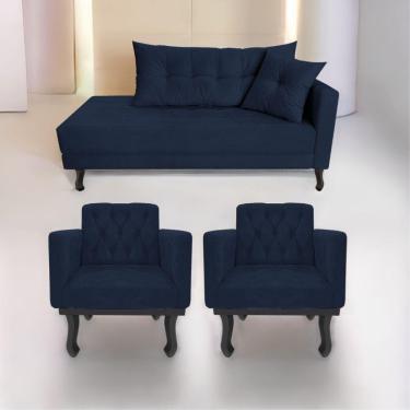 Imagem de Kit Diva Azura 160Cm Lado Esquerdo E 02 Poltronas Suede - Amarena Móveis Azul marinho