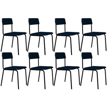 Imagem de Kit 08 Cadeiras Estofada Para Sala De Jantar Sense Preto C01 Linho Azul Escuro - Lyam Decor