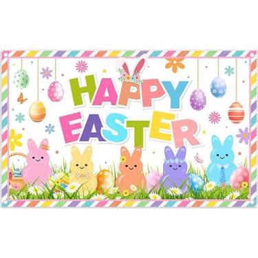 Imagem de ZTHMOE Tecido 183 x 109 cm Fundo de Feliz Páscoa Coelhinho Primavera Coelhinho Ovos Coloridos Floral Borboleta Grama Fotografia Fundo Crianças Decorações de Festa Faixa Fotográfica