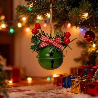 Imagem de Enfeite de sino de Natal com frutas vermelhas e laço xadrez – Decoração de trompete pendurado/sino redondo para árvore de Natal, porta, casa, escritório, decoração de festa de feriado (4,5 × 6,6 cm