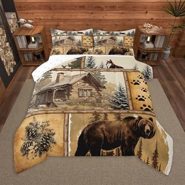 Imagem de Feelyou Conjunto de edredom solteiro de urso, lobo, caça e pesca, para crianças, adultos, cabana rústica, vintage, de madeira, conjunto de edredom para decoração de casa, 2 peças