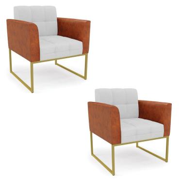 Imagem de Poltrona Base Industrial Dourado Kit 2 Elisa Nozes-linho Cinza A05 D03 - D'rossi