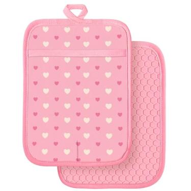 Imagem de Slohif Conjunto de 2 suportes de panela 100% algodão – Almofadas quentes de forno resistentes ao calor com coração rosa para bancada, cozimento em casa, micro-ondas