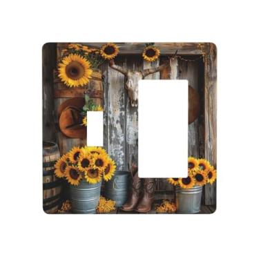Imagem de BHGAHD Capas de tomada decorativas com chapéu de girassol ocidental design de porta de celeiro de madeira 2 Gang 1 Gang Placa de parede de interruptor de interruptor de luz para decoração de casa de