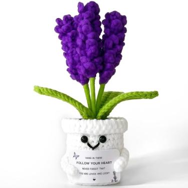 Imagem de AHANKERE Suporte emocional positivo em crochê lavanda, flor em vaso de crochê feita à mão com cartão - pendure lá, siga seu coração, para presentes, presente de alívio de estresse para mulheres