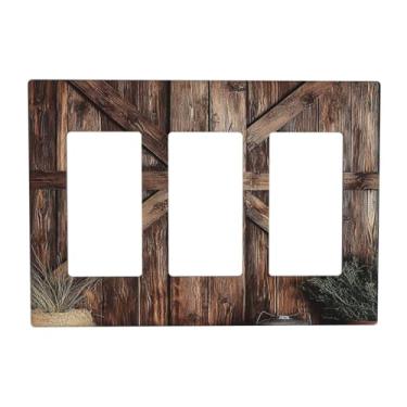 Imagem de VGHOKO Capas de tomada decorativas com porta de celeiro rústica vintage design de textura de madeira desgastada placa de parede de 3 grupos capa de interruptor de luz triplo para decoração de parede