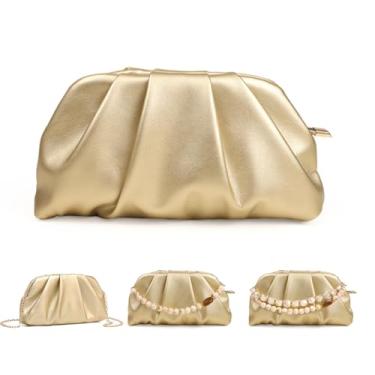 Imagem de Bolsa de mão feminina para noite – Bolsa de mão feminina moderna de poliuretano macio com 2 correntes de pérolas, bolsas de mão pequenas e elegantes para festa de casamento, formatura