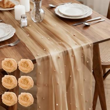Imagem de Yivioep Pacote com 6 Caminho de mesa de pérola, tecido de tule 79 x 300 cm com pérolas para arco de casamento, festa de aniversário, decoração de chá de bebê, decoração de mesa de sobremesa de véu de