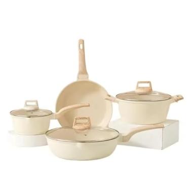 Imagem de Jogo de Panelas 6 Peças Antiaderentes de Alumínio Nanocerâmica Marmorizada com Tampas de Vidro, Cabos Emborrachados Desenho de Madeira, Panelas 24cm e 18cm, Frigideiras 24cm e 28cm, Cozinha Completa