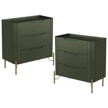 Imagem de Kit 02 Mesas De Cabeceira Orgânica 3 Gavetas Pés Industrial Dourado Bliss I03 Musgo - Lyam Decor
