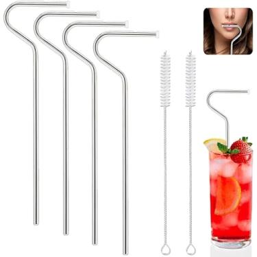 Imagem de 4 unidades de Canudos Aço Inoxidável Reutilizáveis Anti-rugas com 2 Pincéis Design Estilo Flauta Engajamento Labial Fácil Limpar Alternativa Ecológica aos Plástico